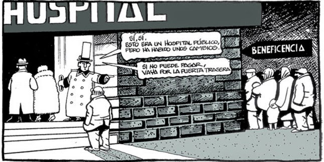 Public private hospital satire graphic in Spanish