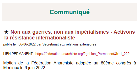 Excerpt from the Communique of the French speaking Anarchist Federation about War Imperialism and Internationalist response at FA Congress 6 June 2022