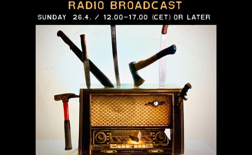 Image of radio and axes to adverstise an online anarchist radio show on Sunday 26th April 2026